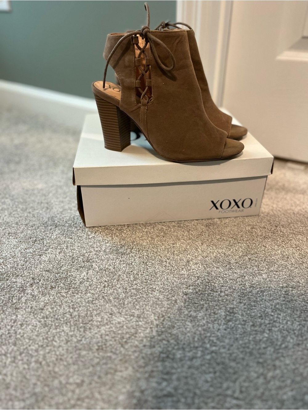 XOXO Tan Lace-Up Open-Toe Block Heel Booties